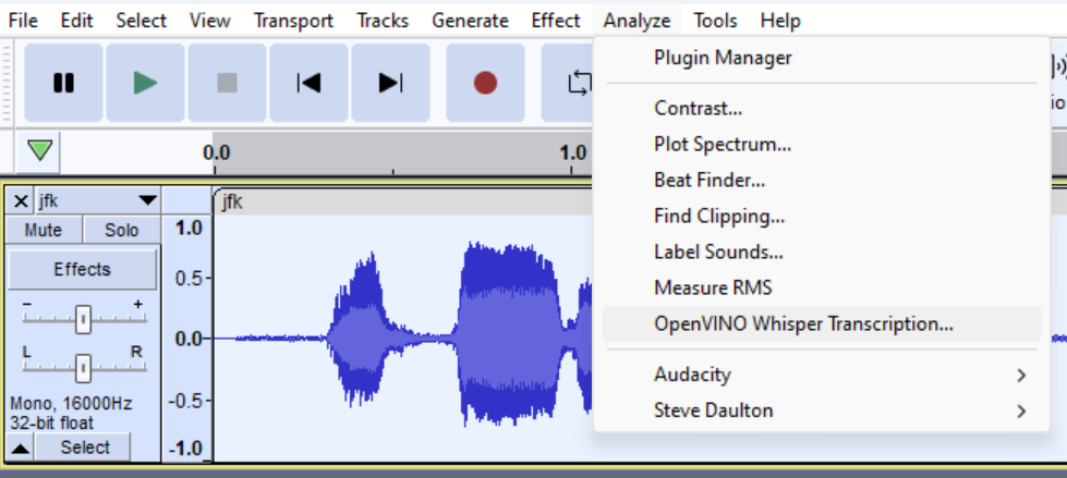 Audacity Analyze menu with Whisper Transcription menu