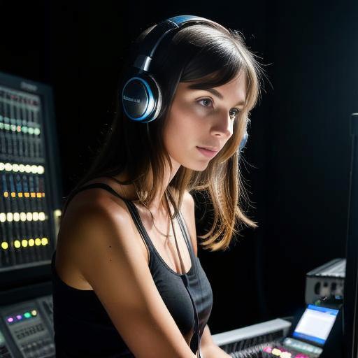 Djane in front of sound mixer, evaluating audio transcription formats