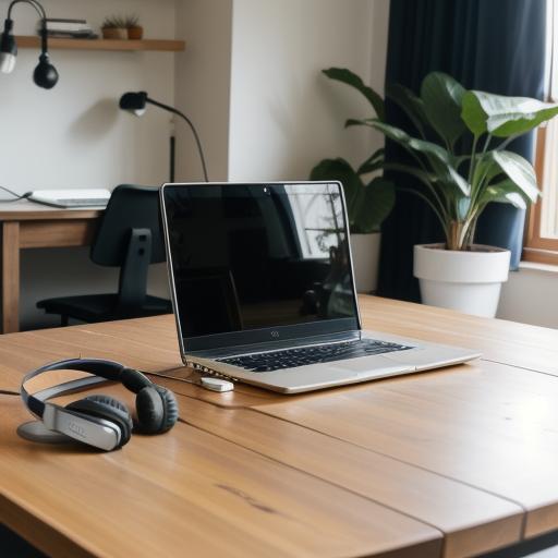 Laptop on a table with headphones