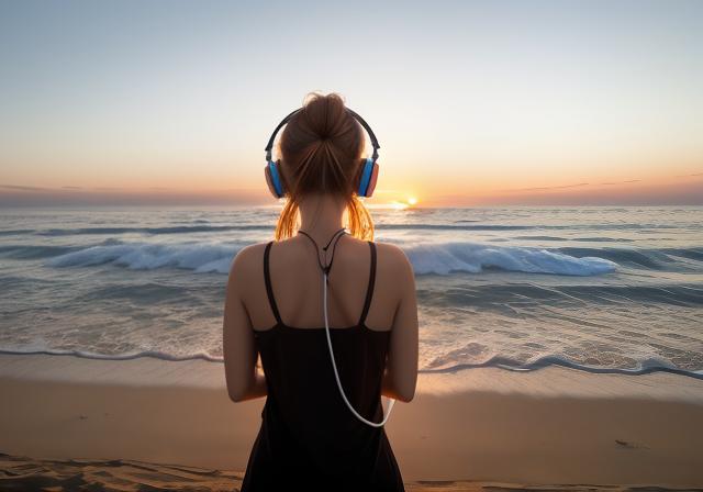 Woman with Headphones listening to an Audio Transcription