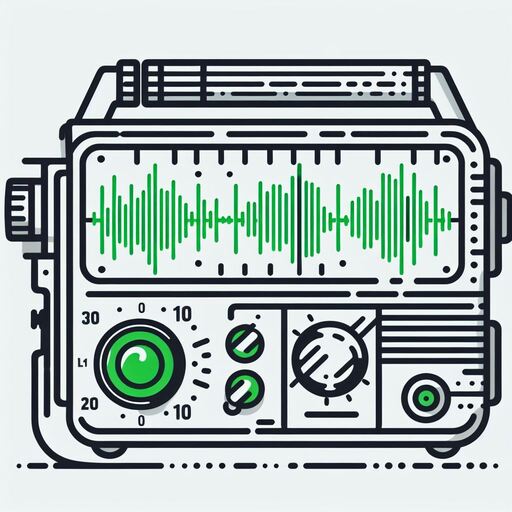 A line drawing of an audio recorder with a level meter and sound waves being adjusted to fit into the green zone.