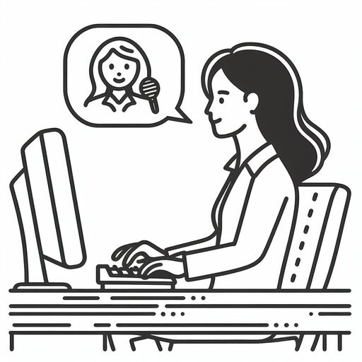 A simple line drawing of a person typing on a computer, with an interview bubble coming out of their mouth.