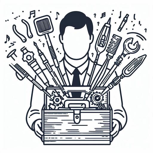 A line drawing of a person holding a toolbox, with various transcription tools coming out of it.