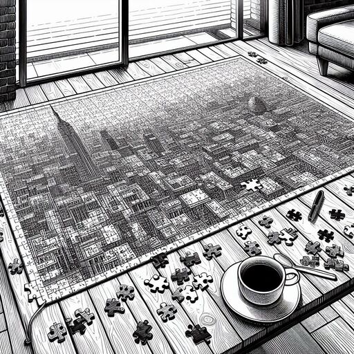 A line drawing of a puzzle board, where each puzzle piece represents a segment of a transcription project. The partially assembled puzzle signifies progress and the manageable nature of the task.