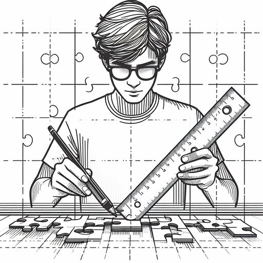 A line drawing of a person measuring the length of a puzzle piece with a ruler.