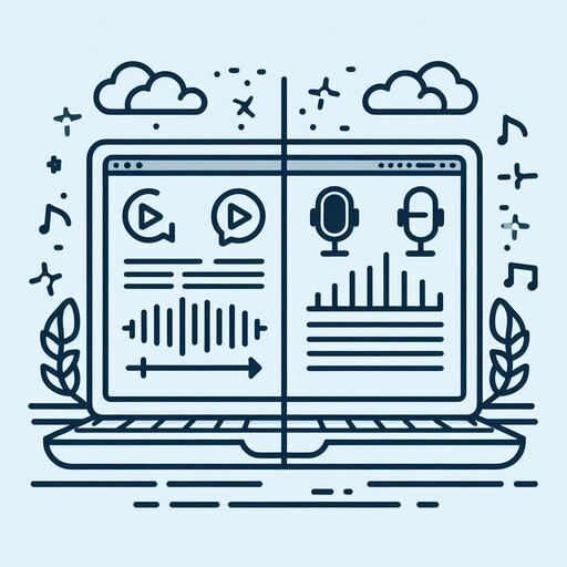 A line drawing of two windows side-by-side, one with an audio or video file and the other with a transcript.