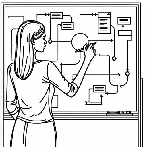 A line drawing of a woman creating a plan on a whiteboard.