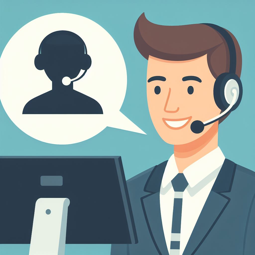 A call center agent smiling at a computer, connected to a microphone symbol. On the other side of the connection is a customer represented as a silhouette.