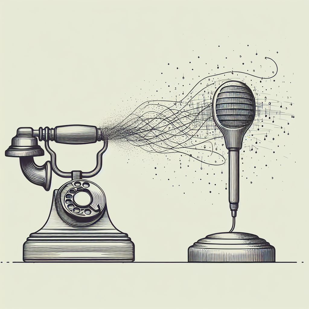 Line drawing of an old-fashioned telephone evolving into a futuristic microphone with sound waves transforming into digital text on a screen.