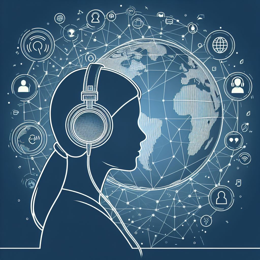 A minimalist line drawing of a person wearing headphones, symbolizing speech-to-text technology, placed in front of a globe with interconnected social media icons floating around it. The entire scene is rendered in shades of blue to maintain a monochromatic style.