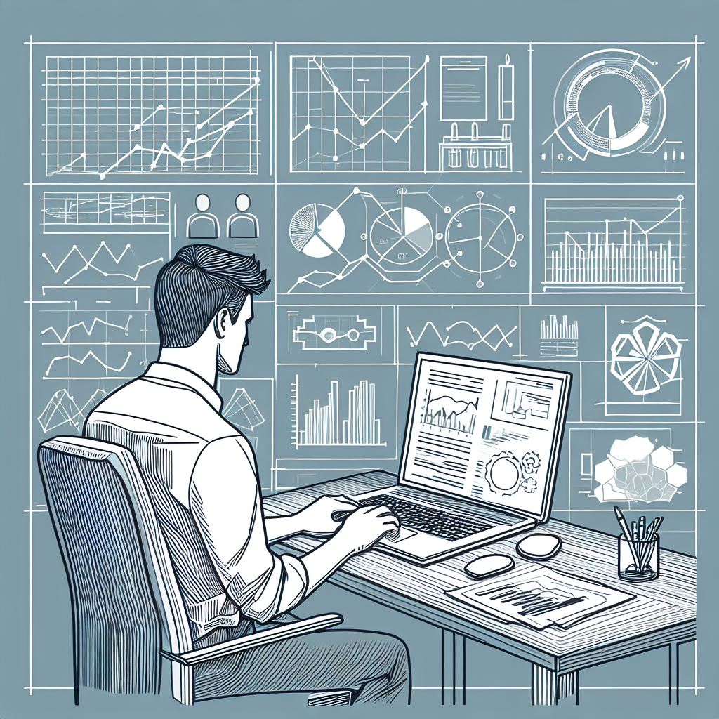 A line drawing of a person sitting at a desk with a laptop and several charts and graphs on the screen.