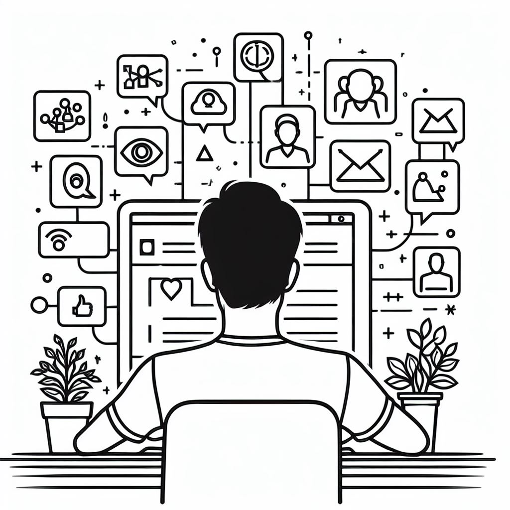 A simple line drawing of a person looking at a computer screen with social media icons floating around.