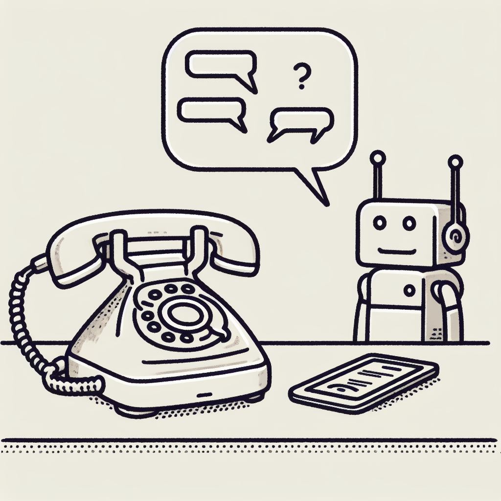 A simple line drawing of an old-fashioned phone on a desk, with speech bubbles coming out of the receiver. On the other side of the desk, a small robot with a tablet screen is responding to the speech bubbles.