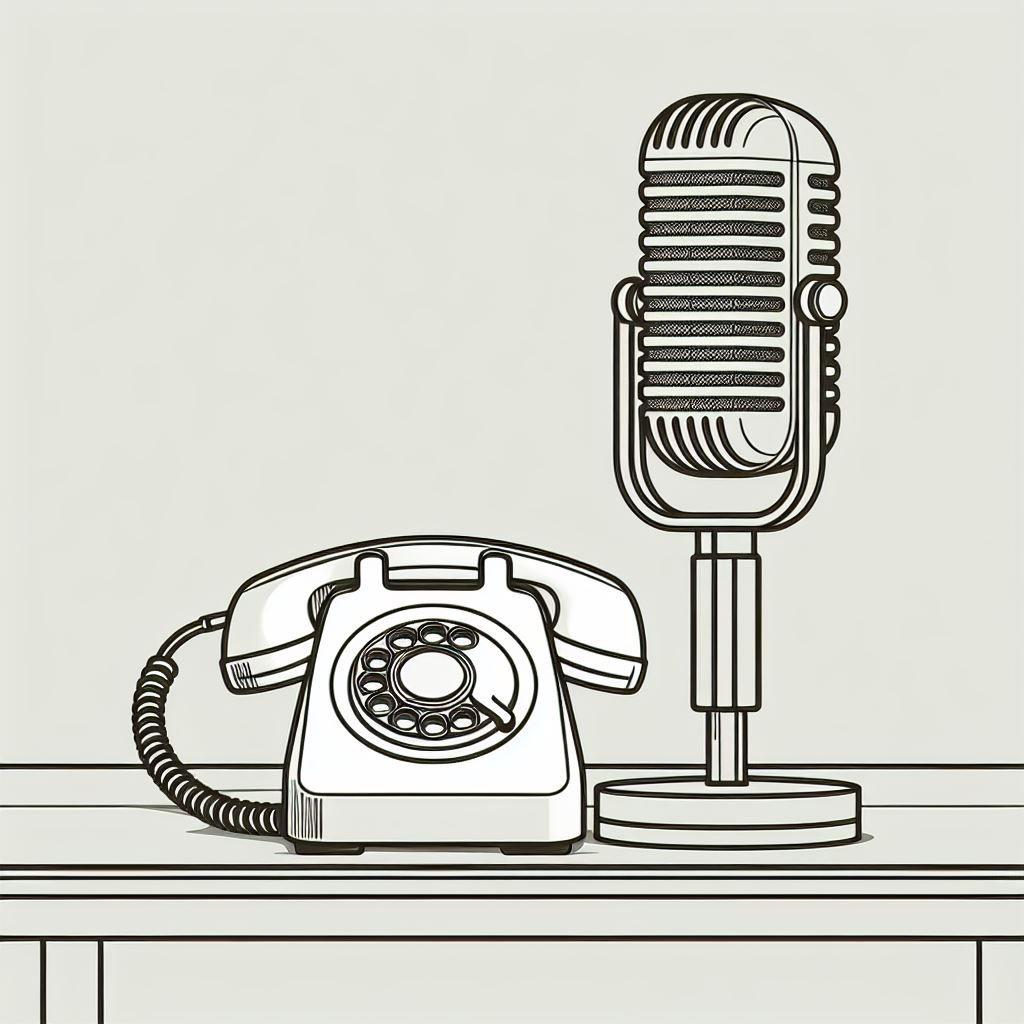 Line drawing of an old-fashioned telephone beneth a new microphone on a desk. Minimalist, monochromatic line drawing.