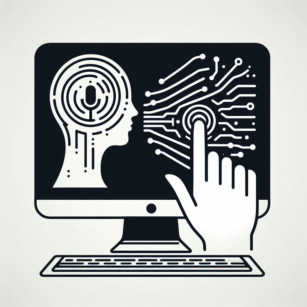 Minimalist monochromatic line drawing of a computer screen displaying speech recognition software with a human hand hovering over it, style modifiers directing DALL-E to create an image highlighting technology's role in enhancing transcription accuracy while noting the need for human oversight.