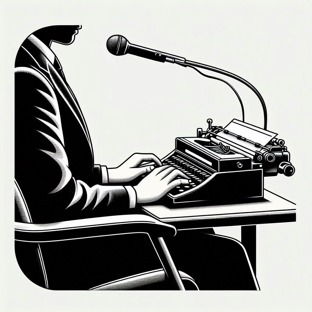 Minimalist monochromatic line drawing of a court stenographer typing away at their machine with a speech bubble above them saying 