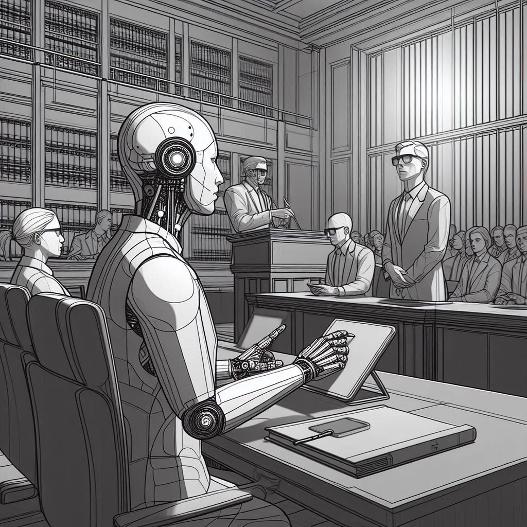 Minimalist monochromatic line drawing of futuristic AI systems integrated into a courtroom setting where legal transcriptionists are learning new skills from advanced technology trainers, repetitions focusing on future developments in legal transcription accuracy.