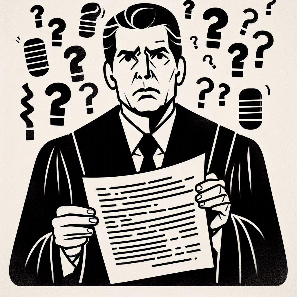 Minimalist monochromatic line drawing of a judge's face looking perplexed as they hold up an inaccurate transcript, repeated subject terms emphasizing the significant problems that can arise from errors in legal proceedings.