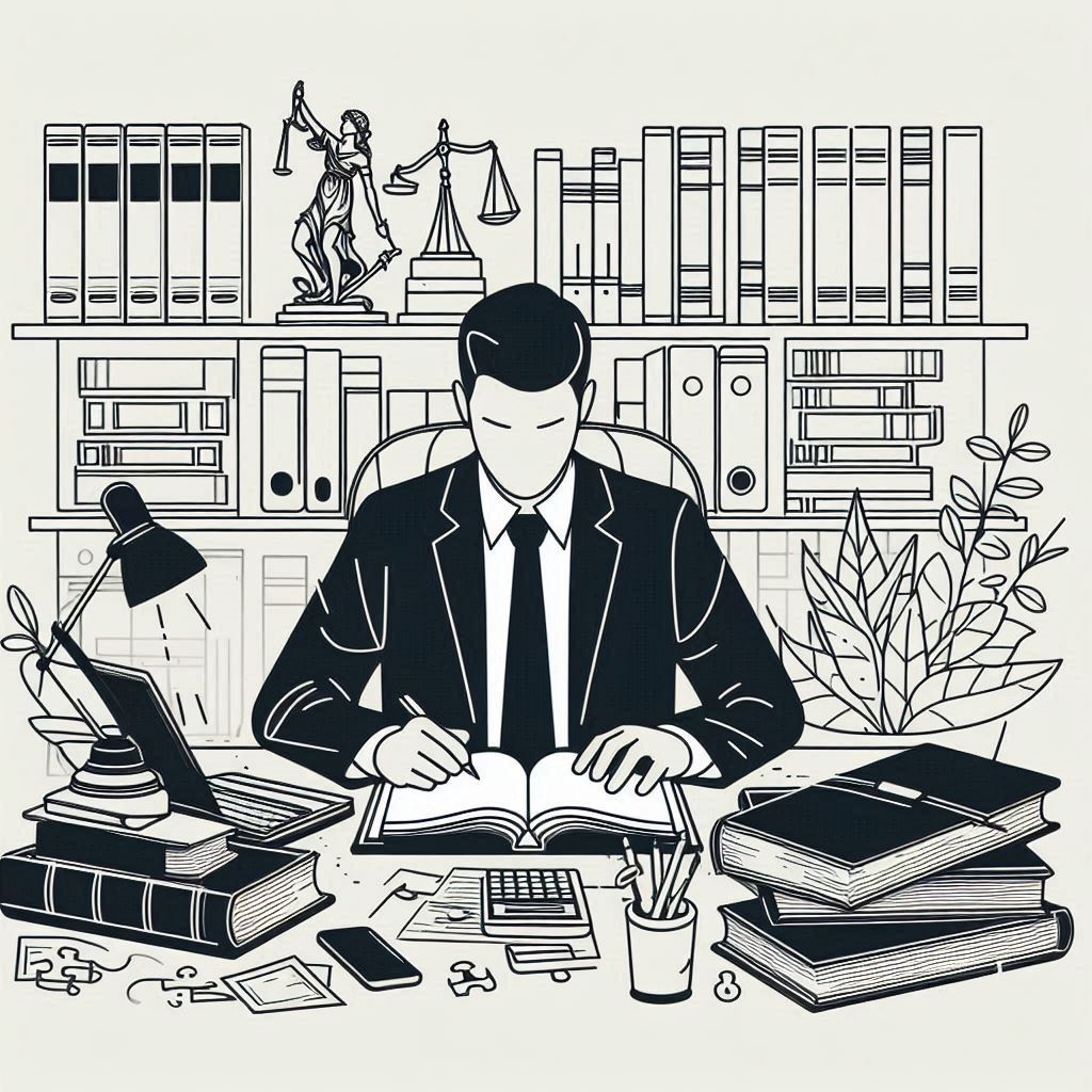 Minimalist monochromatic line drawing of a legal transcriptionist working diligently at their desk surrounded by books and notes, quality boosters ensuring the image captures best practices like listening skills, legal terminology knowledge, and editing techniques.