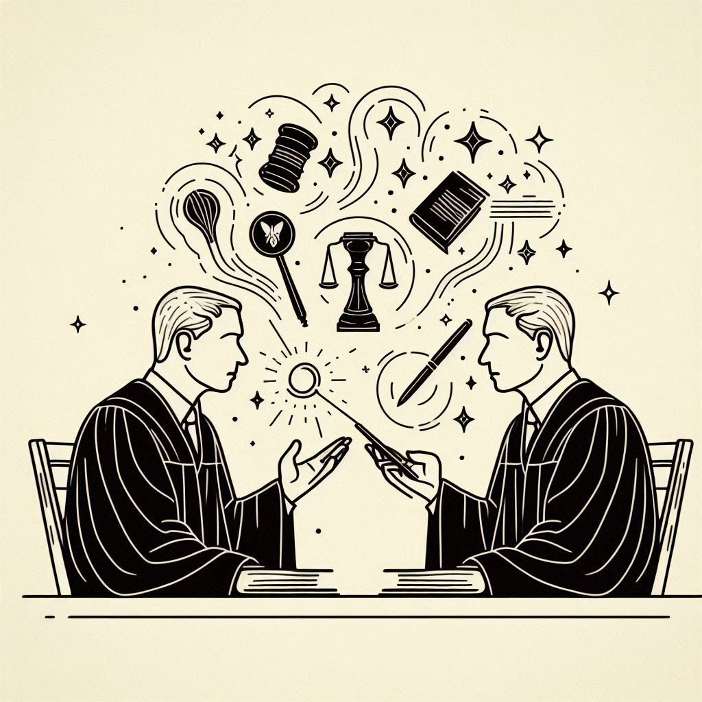 Minimalist monochromatic line drawing of two judges in robes discussing a case with a high-quality transcript on one side and an inaccurate one on the other, magic terms adding creative elements that demonstrate how accurate transcripts impact court decisions significantly.