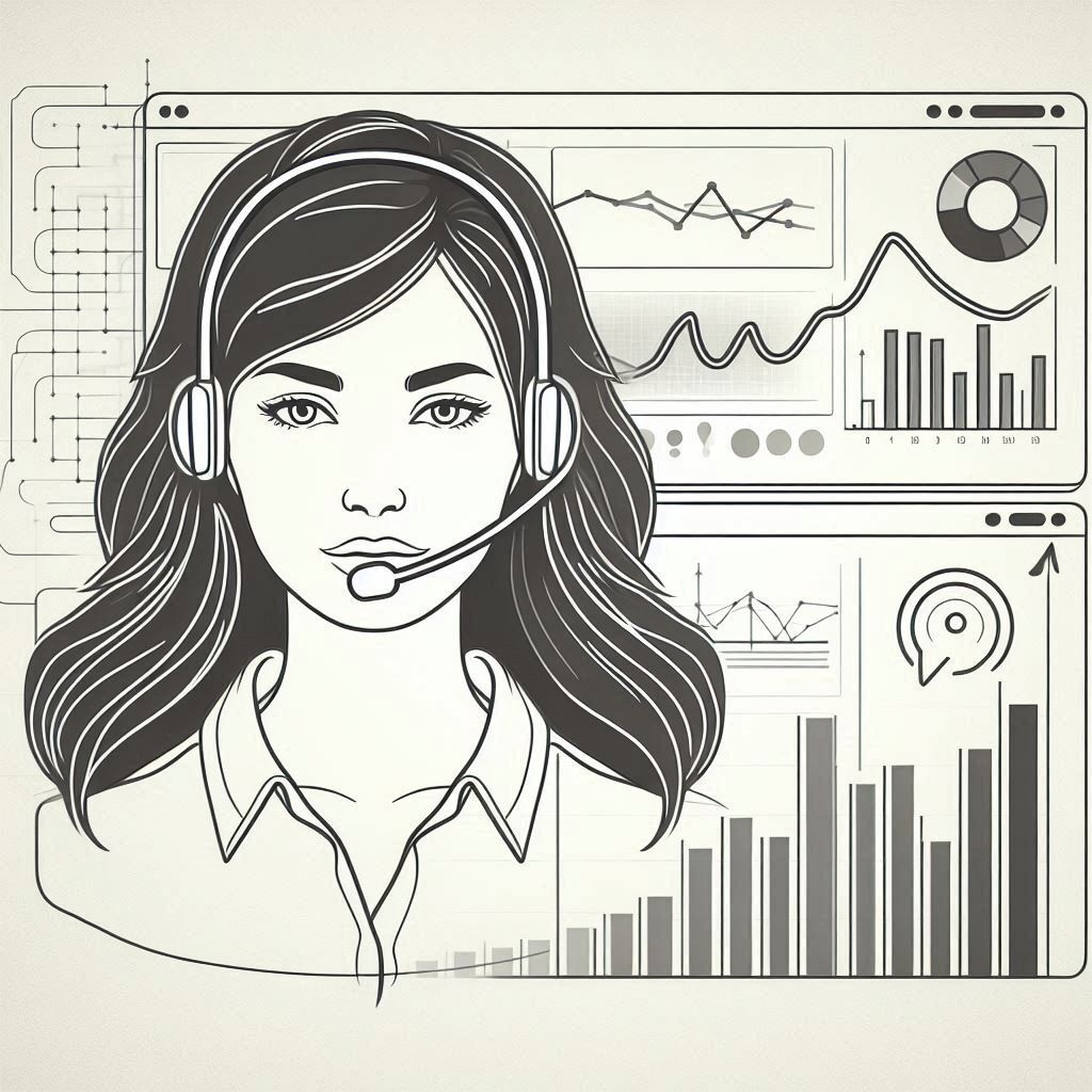 Minimalist monochromatic line drawing of a business intelligence dashboard displaying graphs and charts, connected to a call center agent's headset by a wavy line representing speech-to-text analytics.