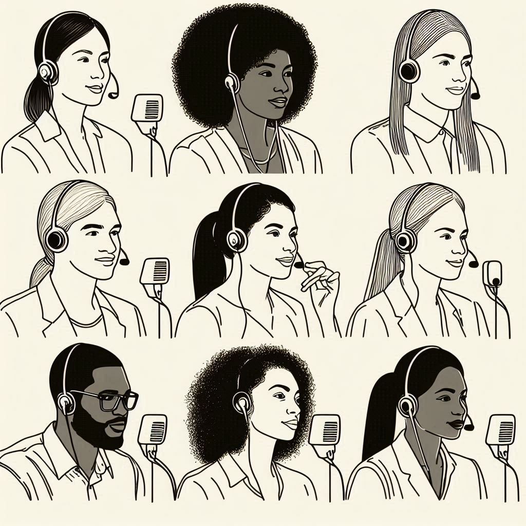 Minimalist monochromatic line drawing of diverse individuals with different hearing abilities using live transcription to follow along during a webinar or presentation, showcasing inclusivity in communication.