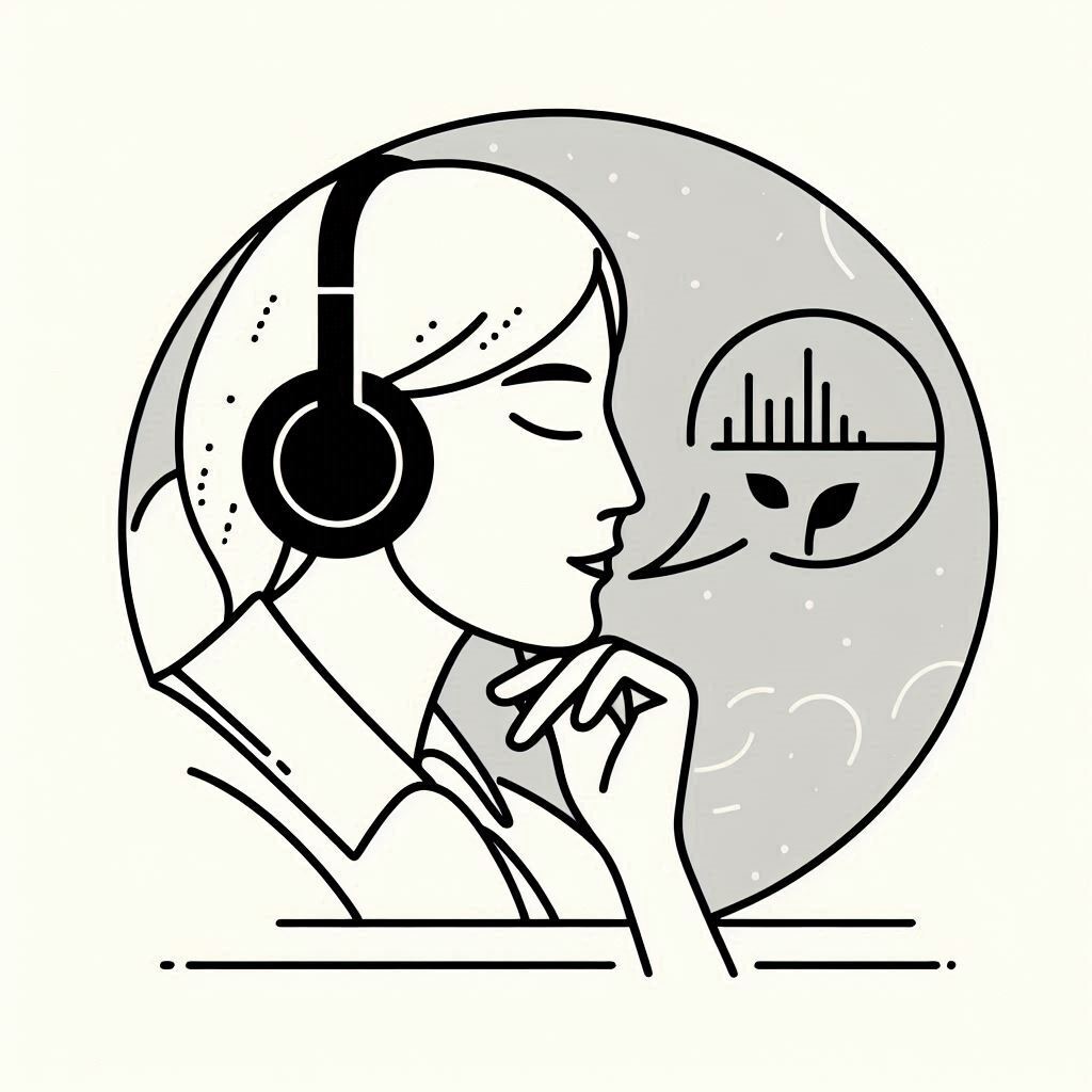 Minimalist monochromatic line drawing of a language learner listening to a conversation or lecture in their target language while comparing spoken words with live transcription, demonstrating improved language skills.