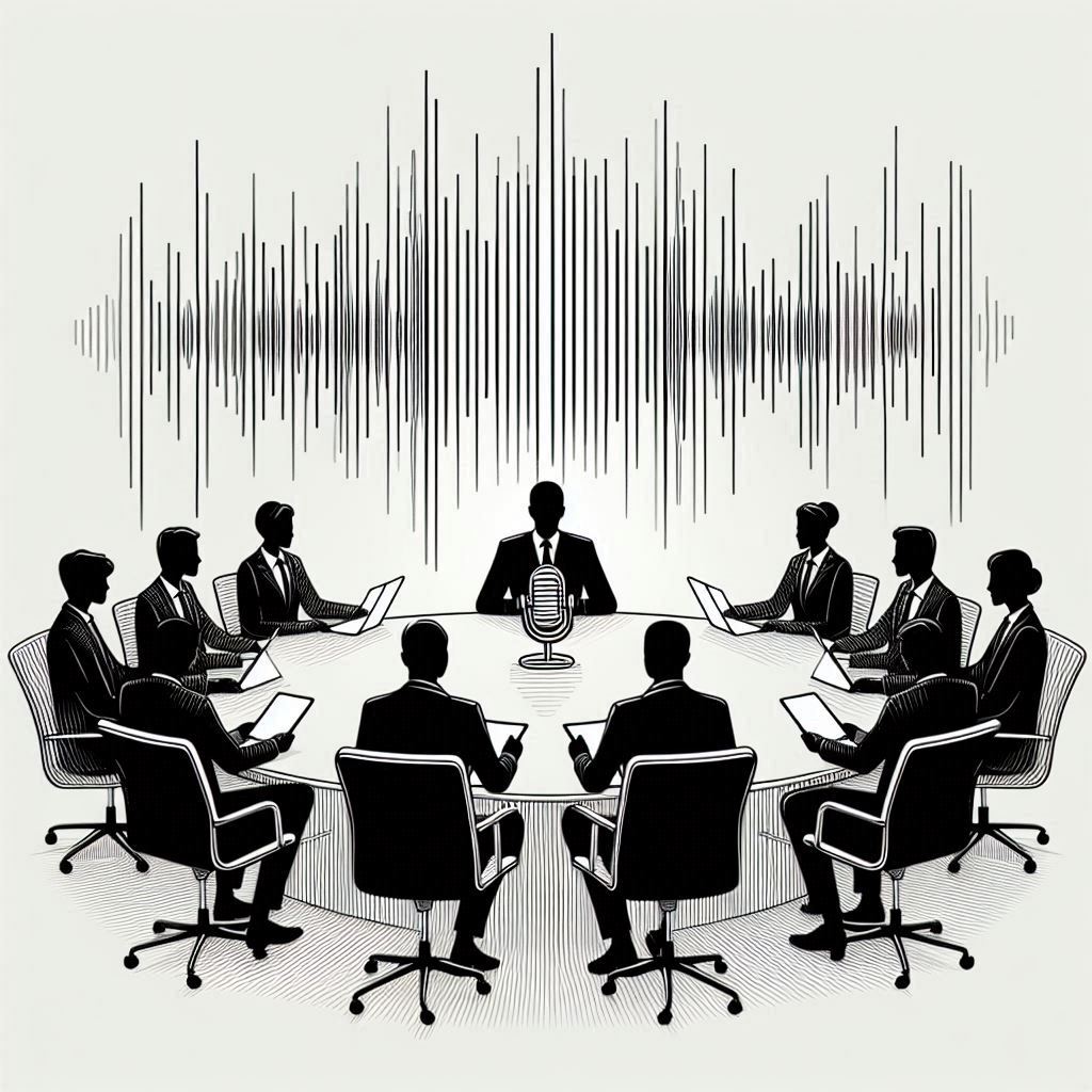 Minimalist monochromatic line drawing of people sitting in a meeting room around a large table, each looking at their devices as the sound waves from a central speaker transform into written text on the screen.