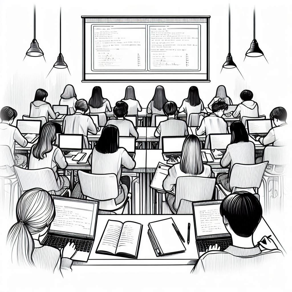 Minimalist monochromatic line drawing of students attending a lecture, comparing handwritten notes on their desks with the live transcription displayed on their laptops or tablets.